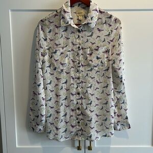 G.H. Bass & Co.Bird See Through Blouse Button Down White Print Lightweight Sz S